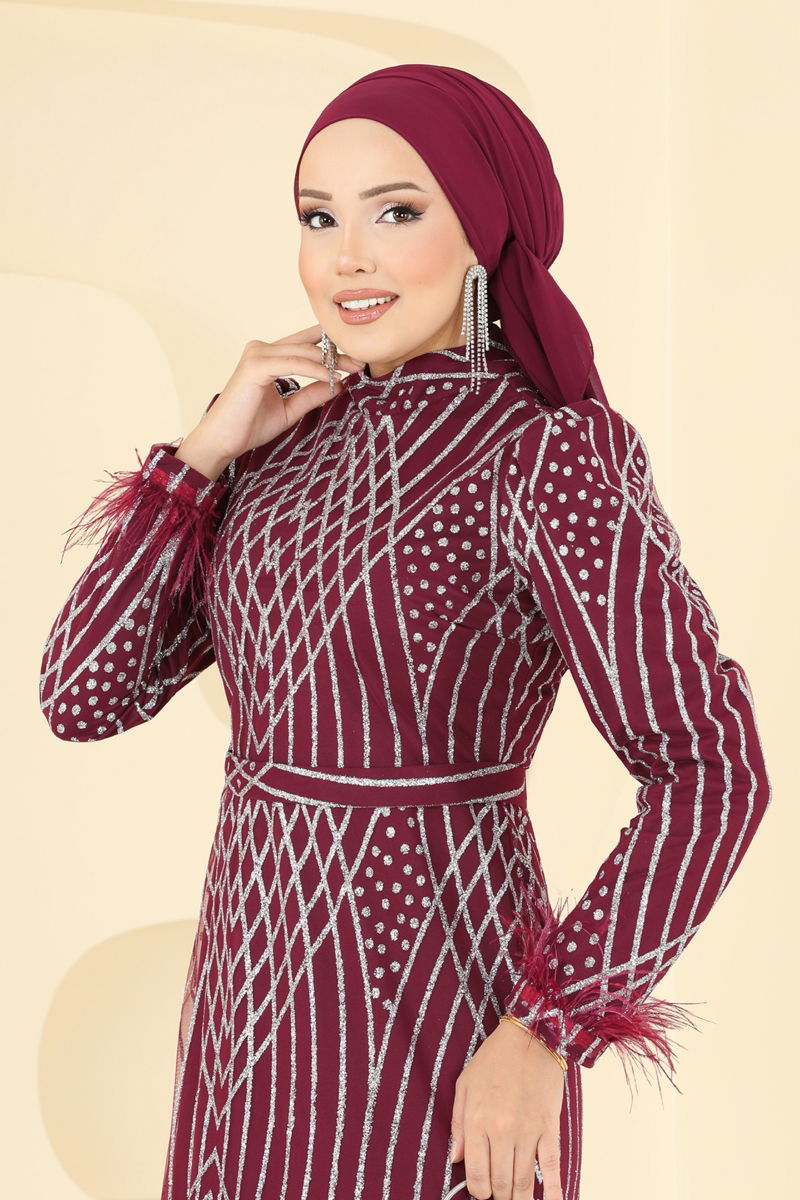 Evening Dress Burgundy Belted Modest Hijab Fashion