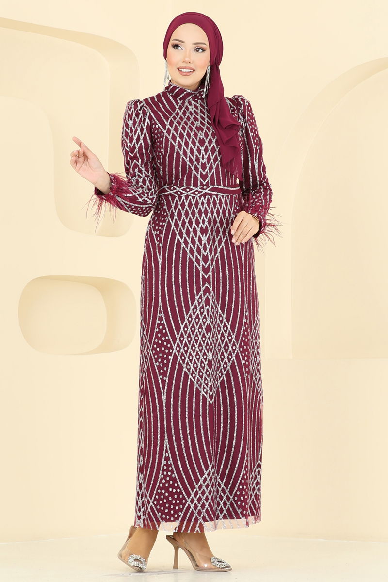 Evening Dress Burgundy Belted Modest Hijab Fashion