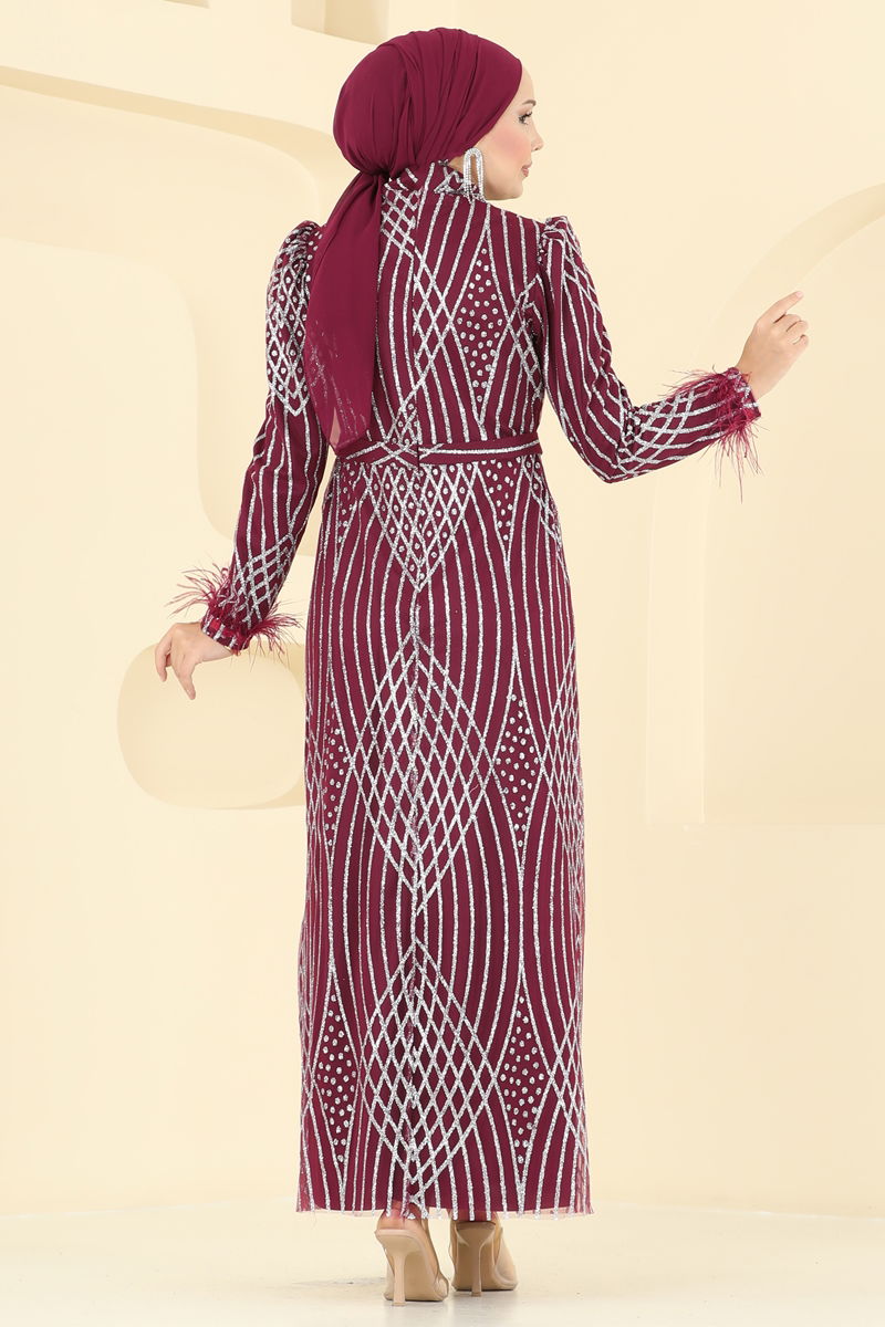 Evening Dress Burgundy Belted Modest Hijab Fashion