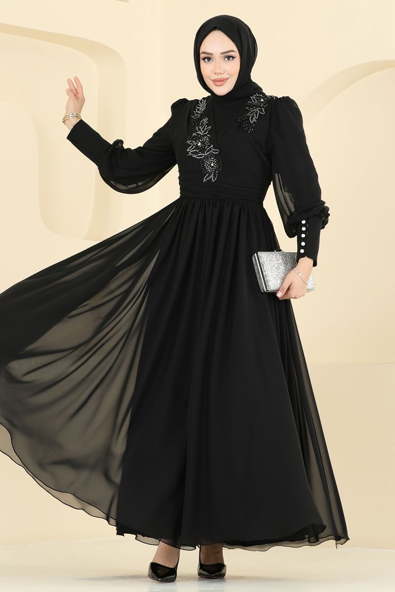Evening Dress - Black Tulle Modest Gown 8084