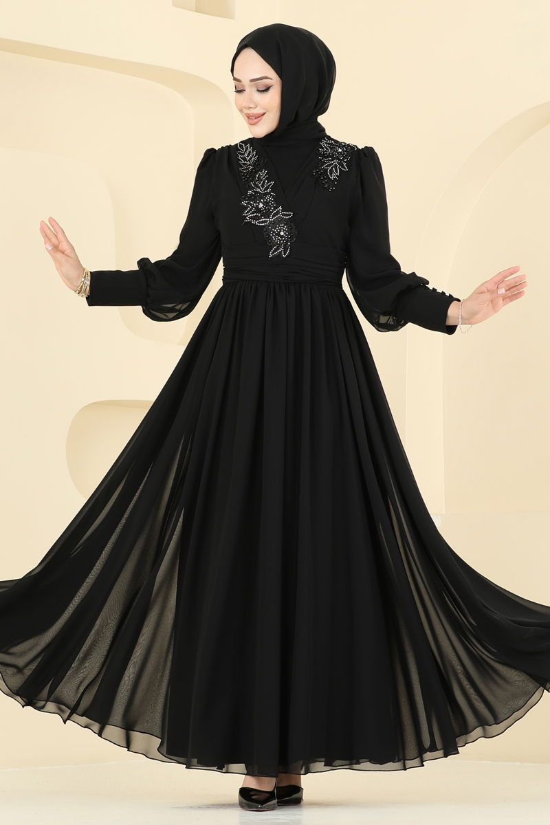 Evening Dress - Black Tulle Modest Gown 8084