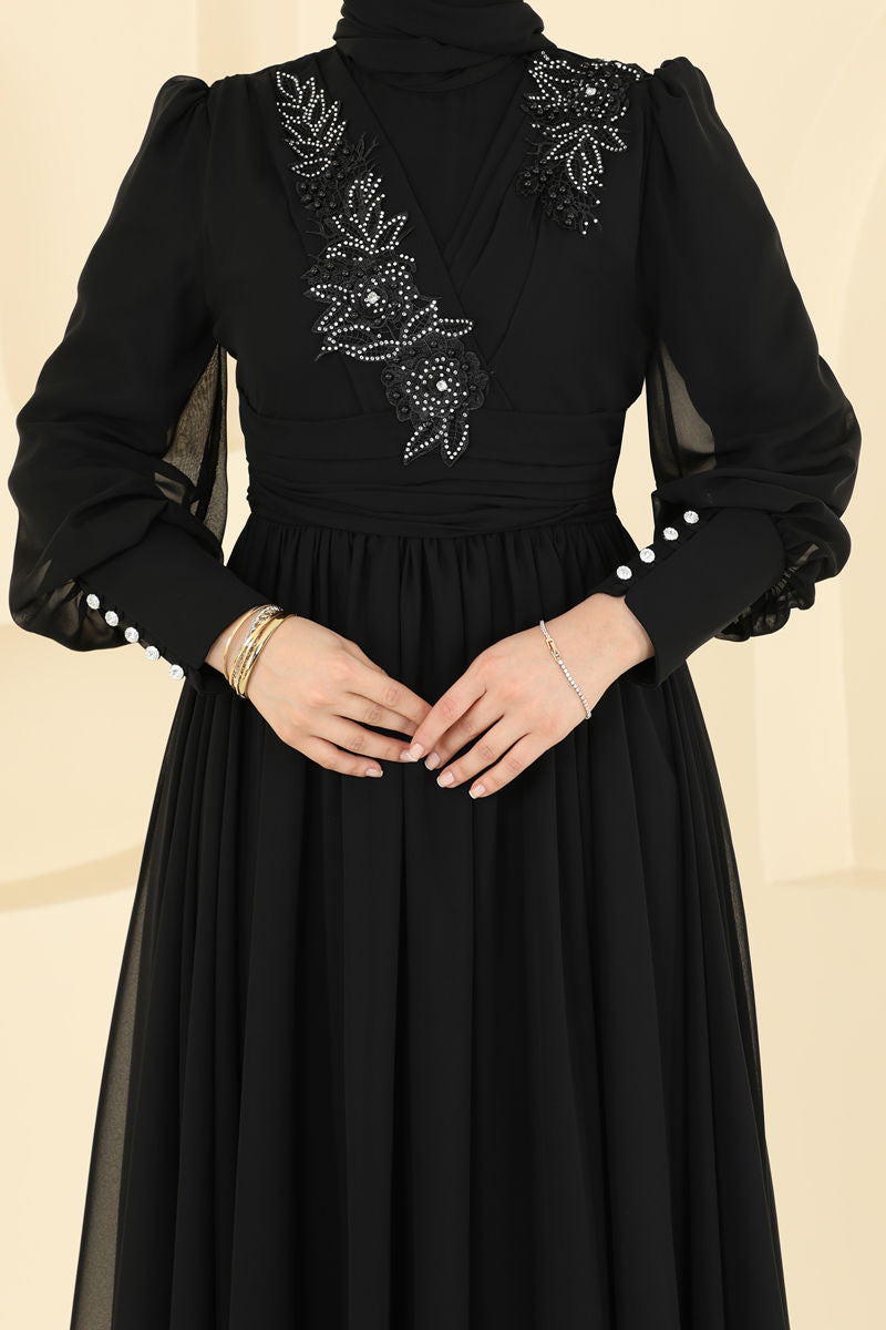 Evening Dress - Black Tulle Modest Gown 8084