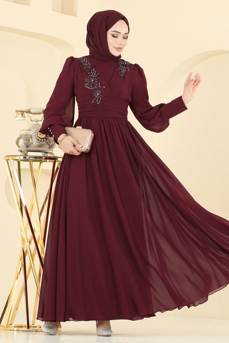 Evening Dress Burgundy Belted Modest Fashion
