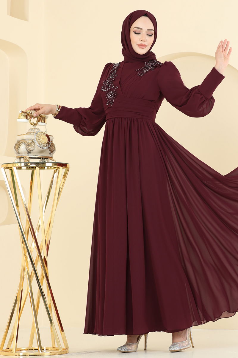 Evening Dress Burgundy Belted Modest Fashion