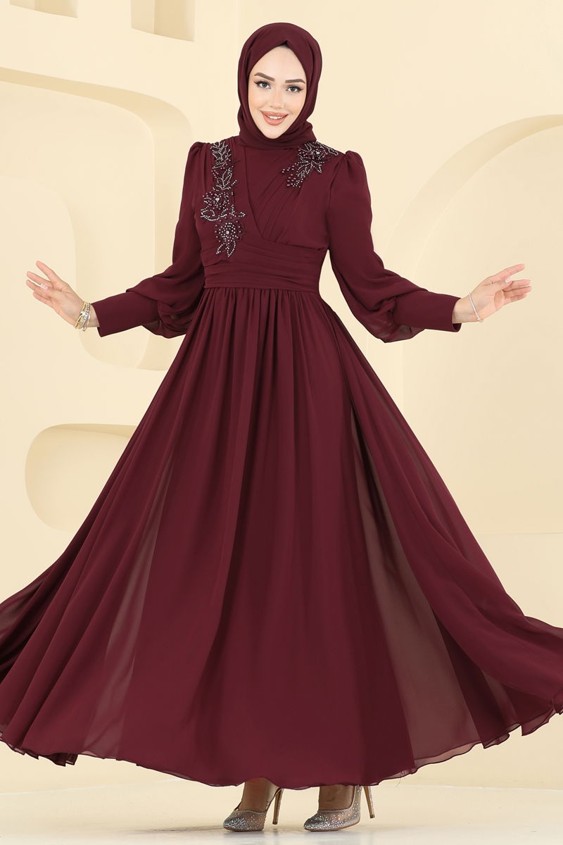 Evening Dress Burgundy Belted Modest Fashion