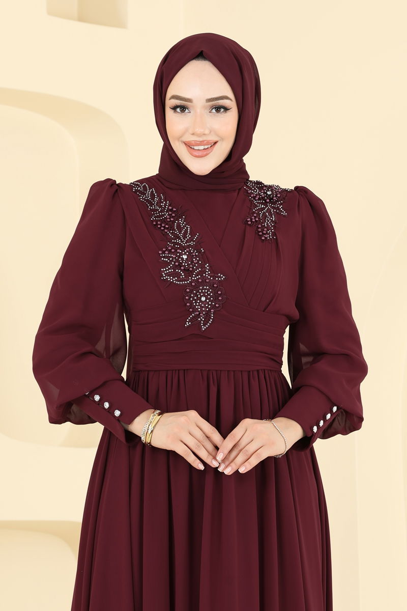 Evening Dress Burgundy Belted Modest Fashion