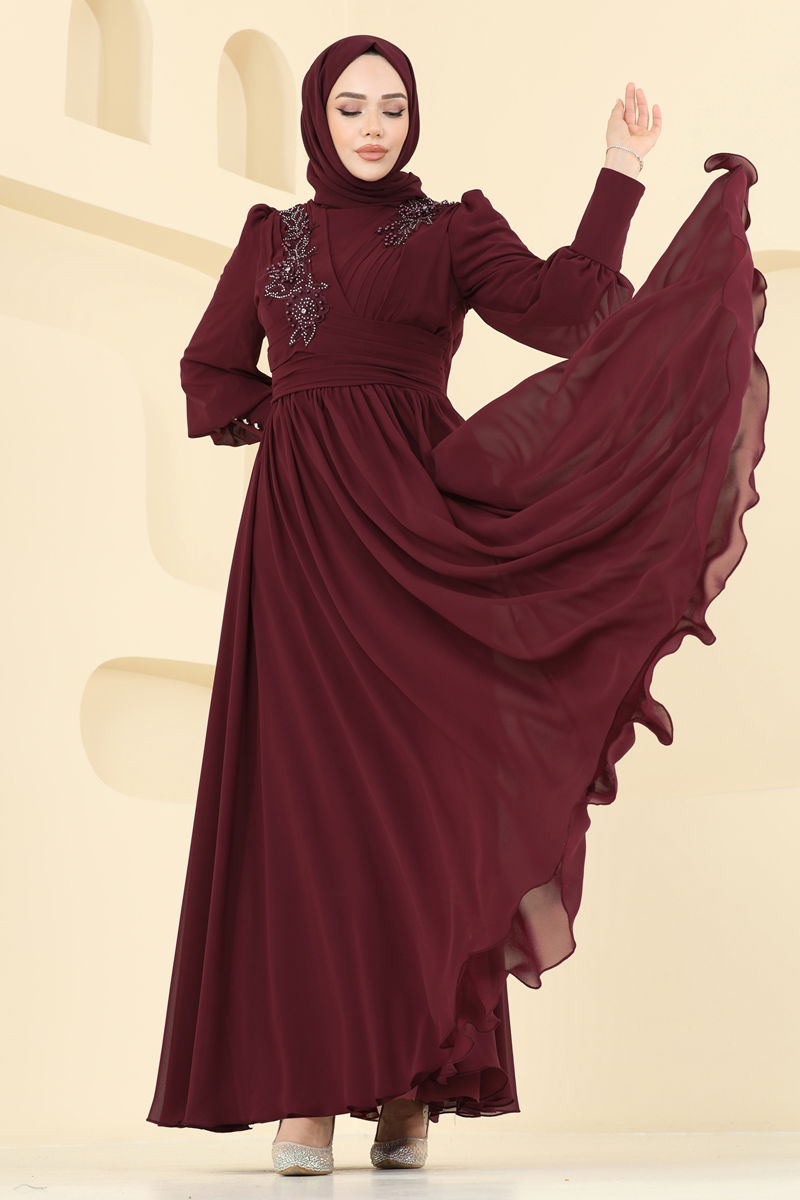 Evening Dress Burgundy Belted Modest Fashion