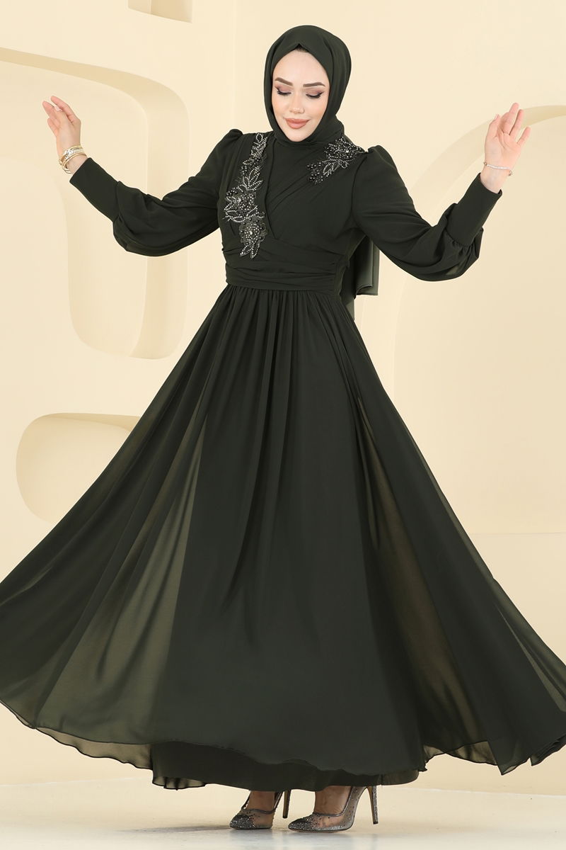 Abaya Khaki Belted Modest Evening Dress