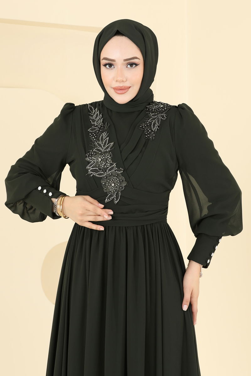 Abaya Khaki Belted Modest Evening Dress