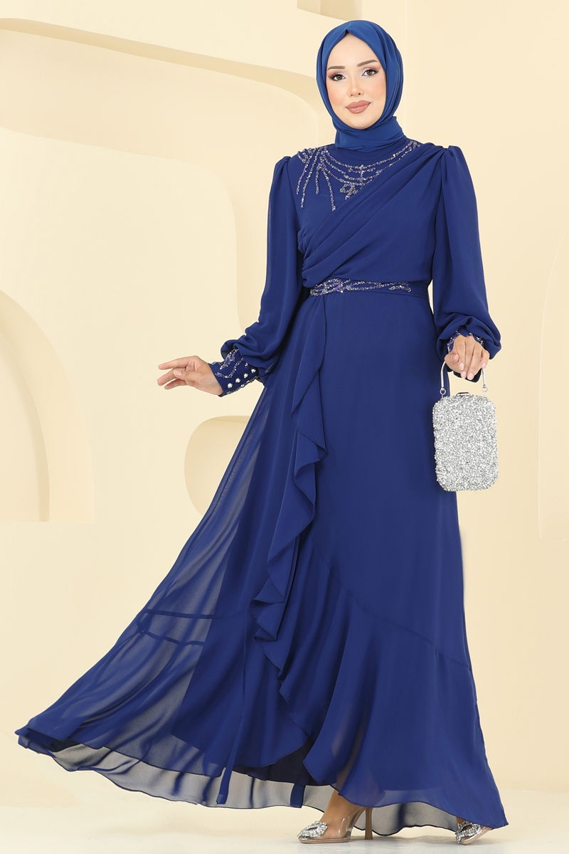 Abaya Navy Blue Belted Modest Evening Dress