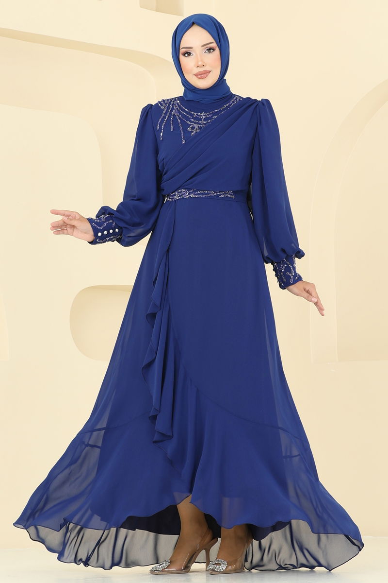 Abaya Navy Blue Belted Modest Evening Dress