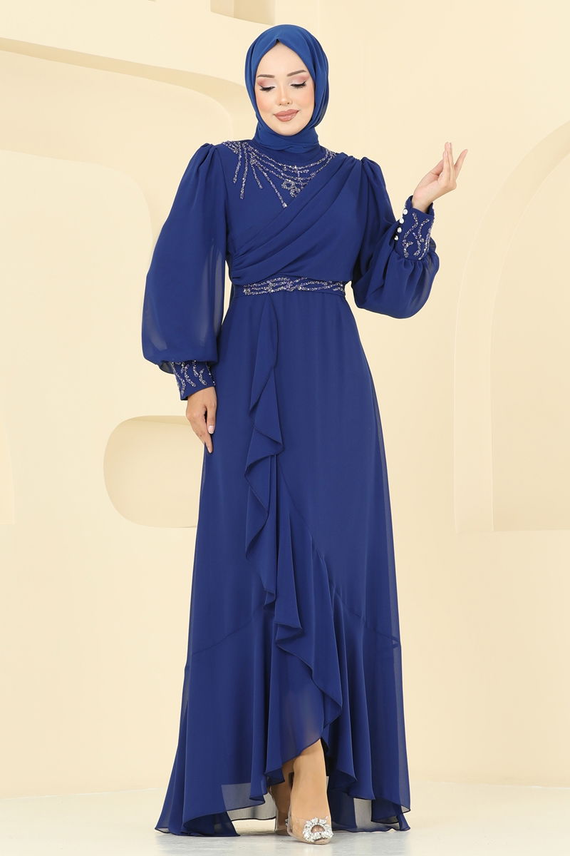 Abaya Navy Blue Belted Modest Evening Dress