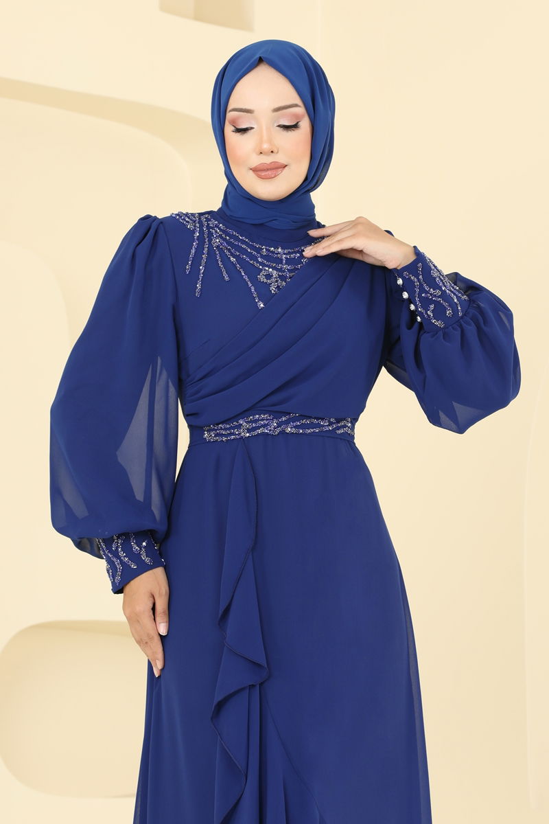 Abaya Navy Blue Belted Modest Evening Dress