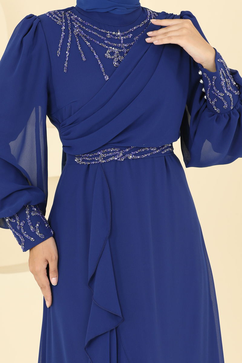 Abaya Navy Blue Belted Modest Evening Dress