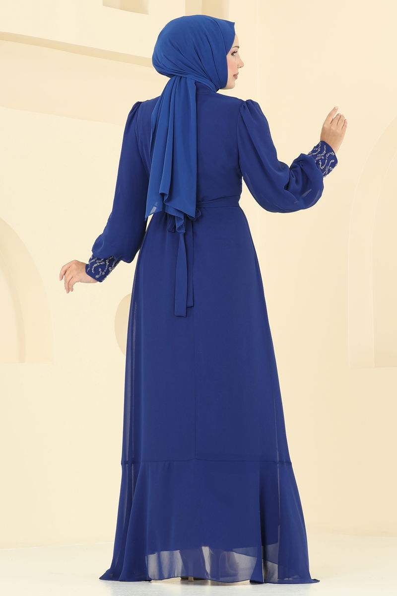 Abaya Navy Blue Belted Modest Evening Dress