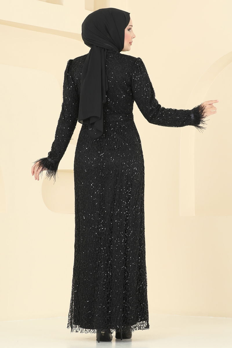 Evening Dress Black Belted Modest Fashion