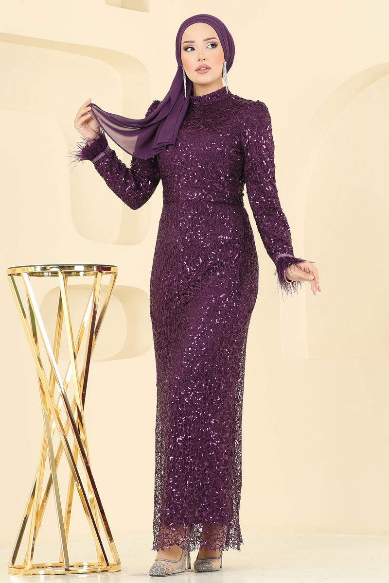 Abaya Belted Modest Dress - Damson Evening Wear