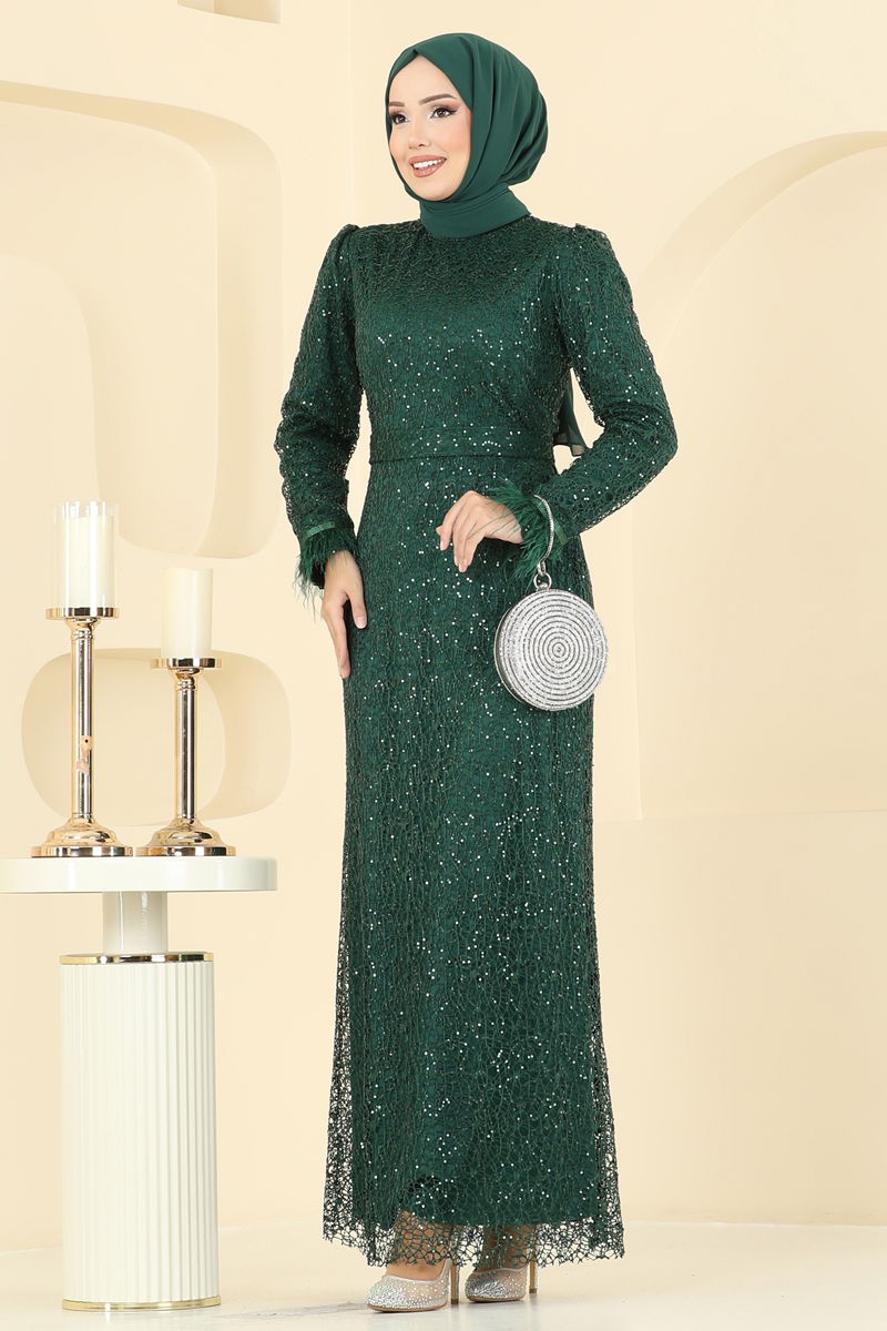 Emerald Flared Modest Evening Dress - Satin Look