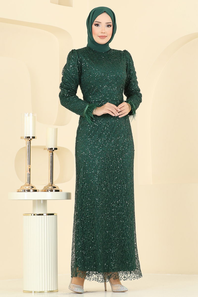 Emerald Flared Modest Evening Dress - Satin Look