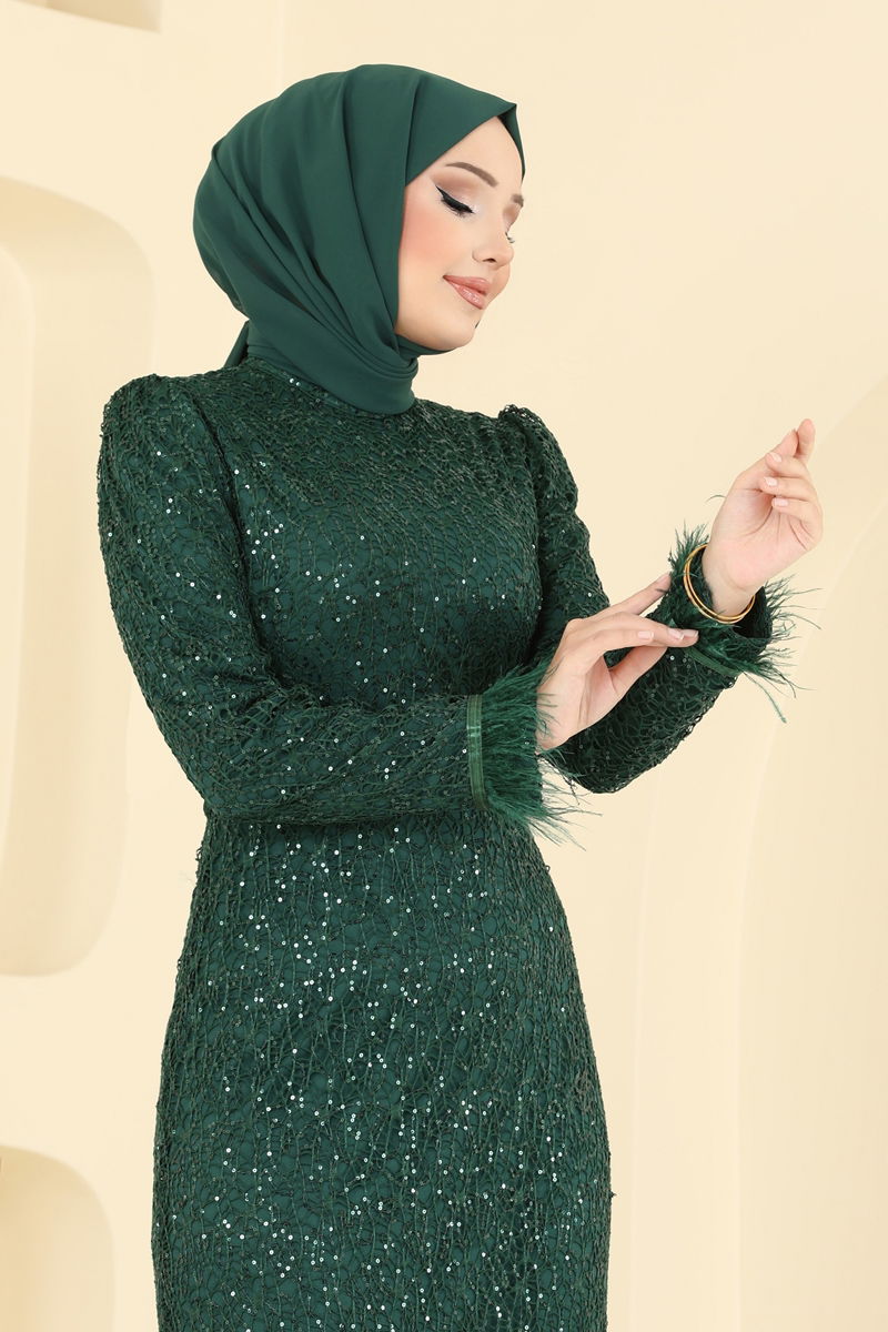 Emerald Flared Modest Evening Dress - Satin Look