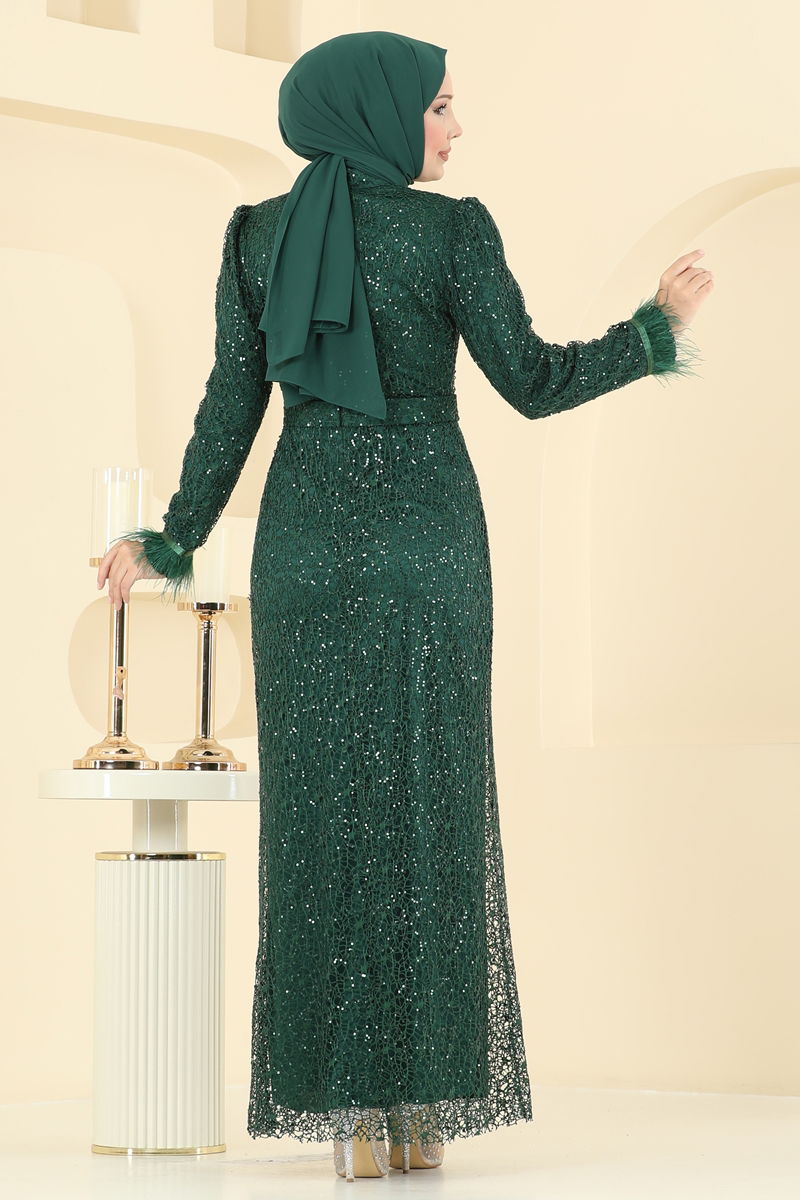 Emerald Flared Modest Evening Dress - Satin Look