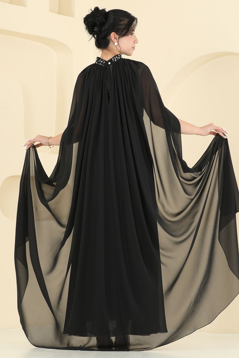 Evening Dress Black Belted Modest Fashion 8112