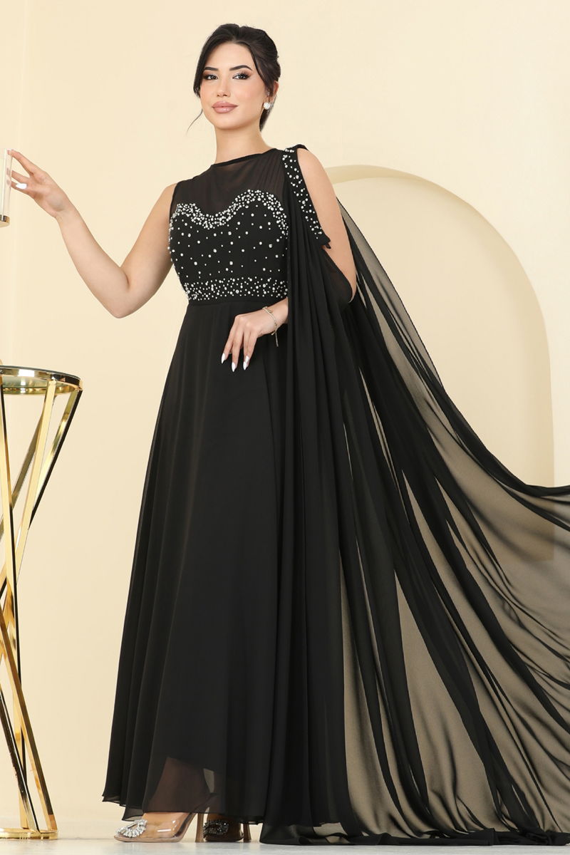 Evening Dress Black Belted Modest Fashion 8112