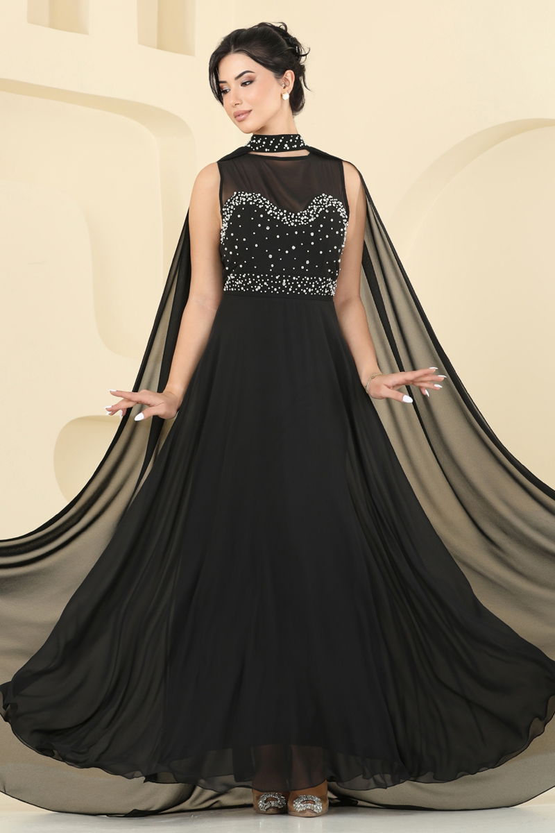 Evening Dress Black Belted Modest Fashion 8112