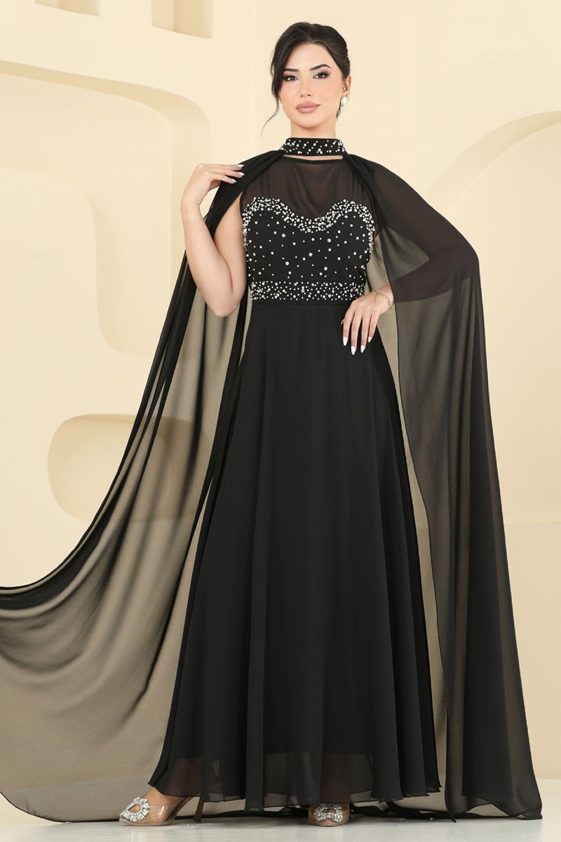 Evening Dress Black Belted Modest Fashion 8112