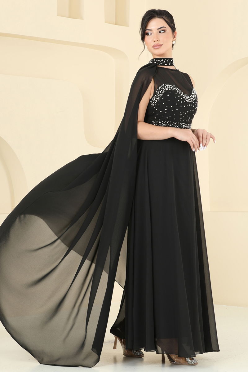 Evening Dress Black Belted Modest Fashion 8112