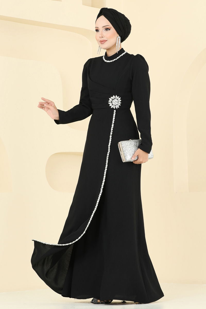 Black Patterned Evening Dress - Modest Fashion