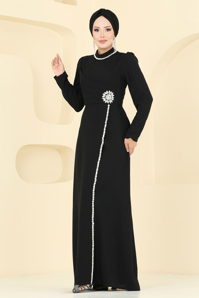 Black Patterned Evening Dress - Modest Fashion