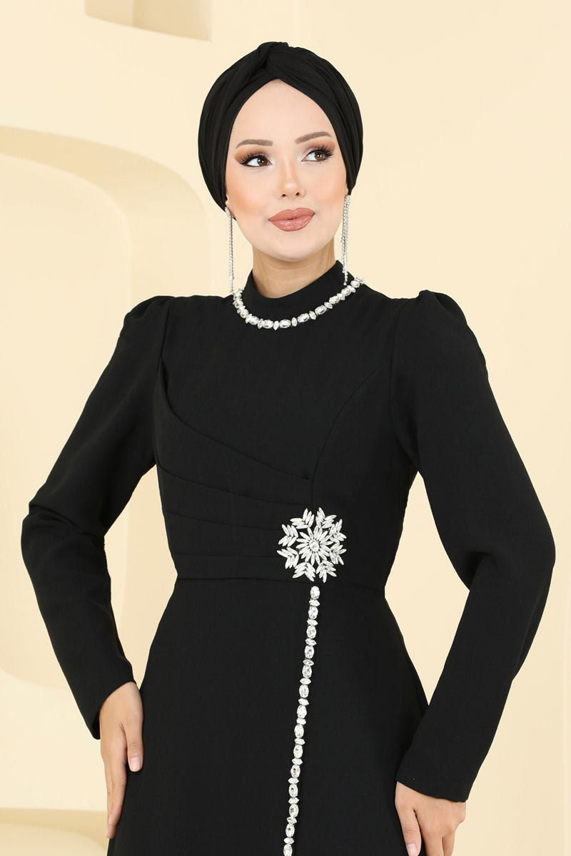 Black Patterned Evening Dress - Modest Fashion