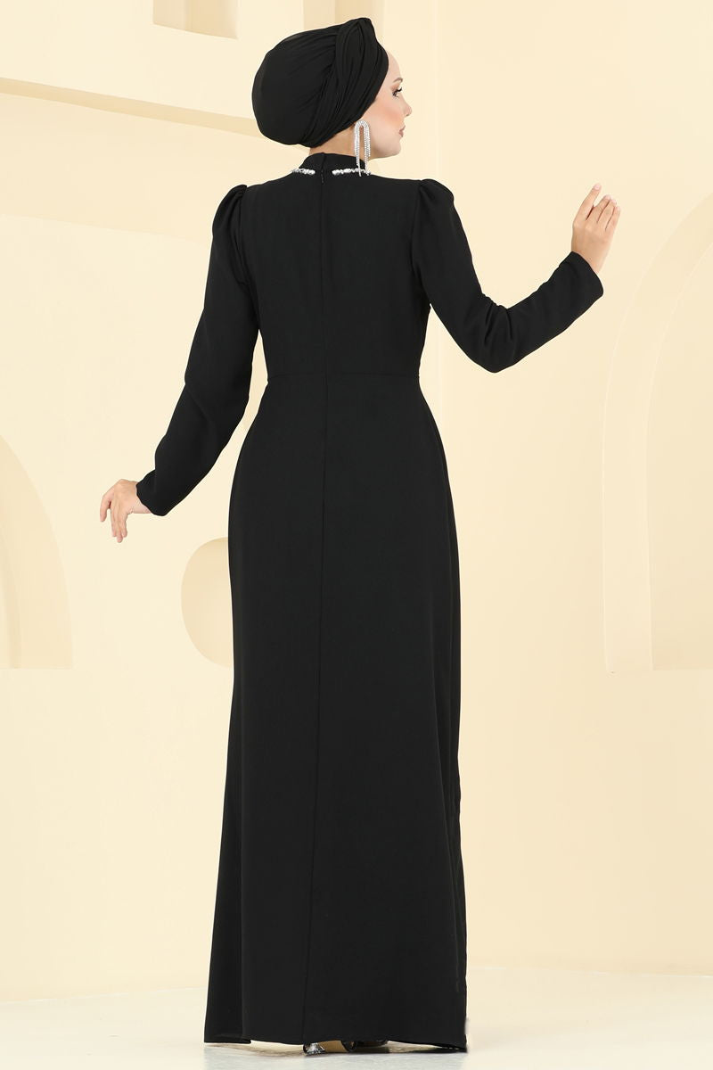 Black Patterned Evening Dress - Modest Fashion