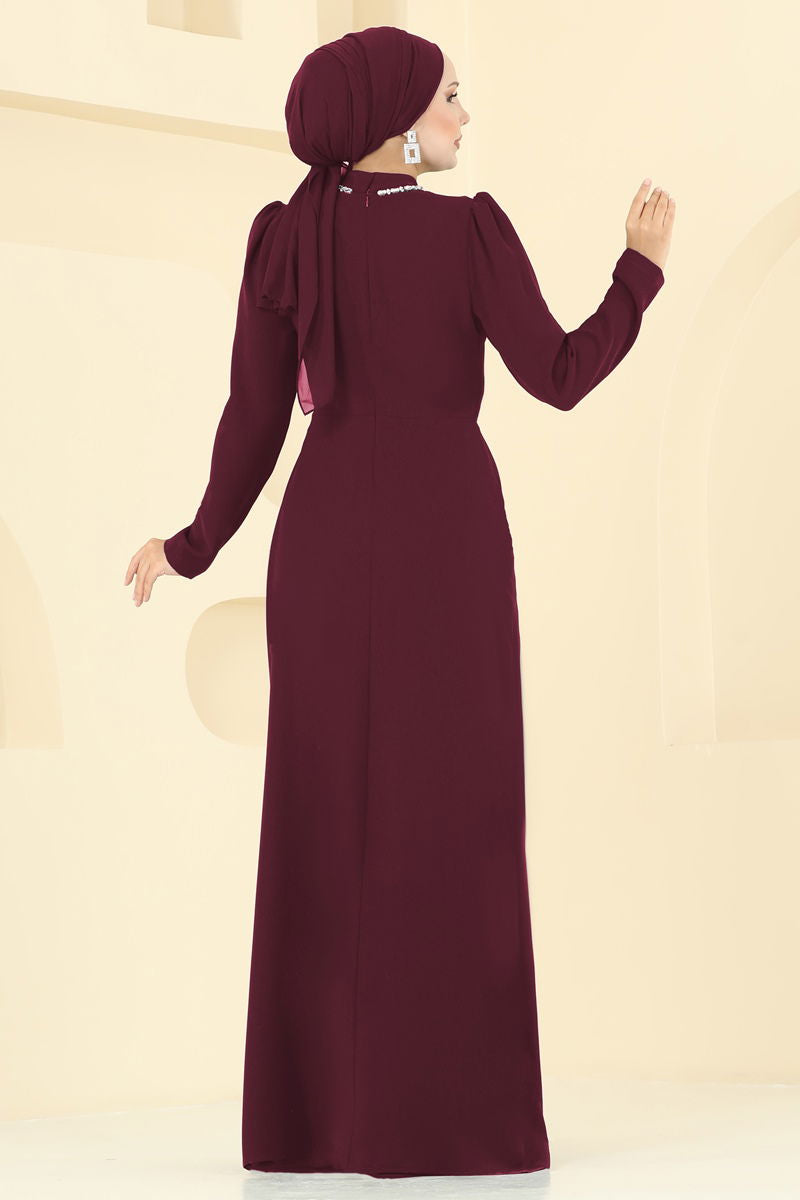 Evening Dress Burgundy Belted Modest Wear 8116ABK1075