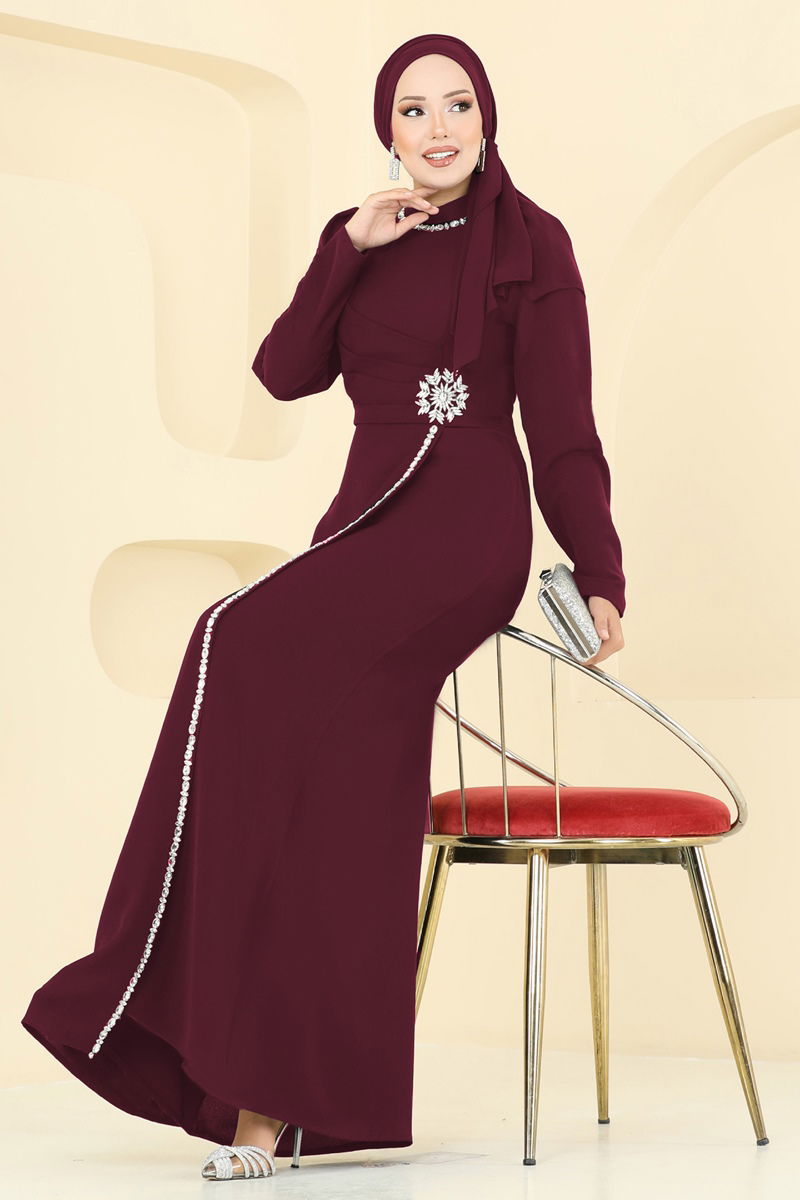 Evening Dress Burgundy Belted Modest Wear 8116ABK1075