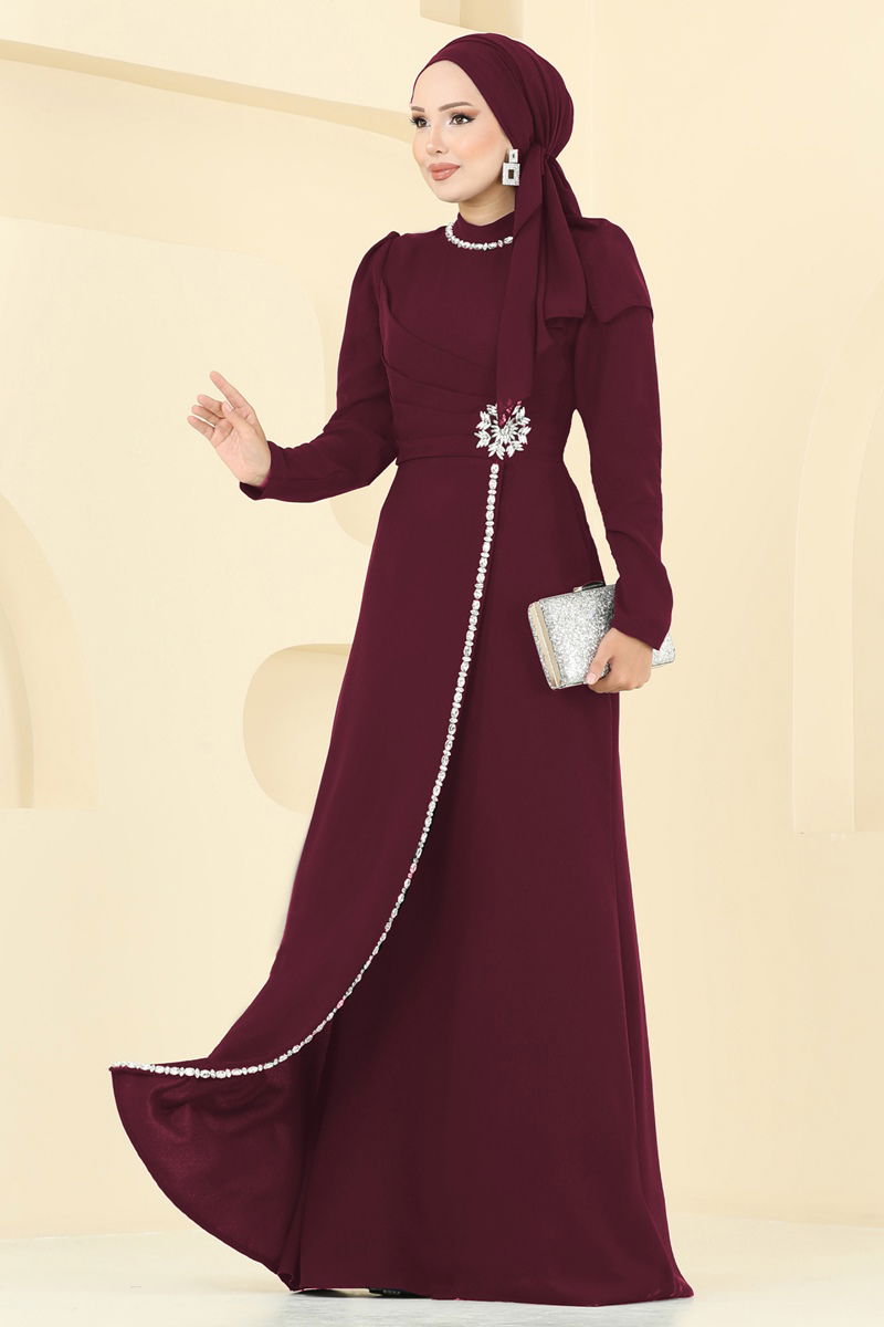 Evening Dress Burgundy Belted Modest Wear 8116ABK1075