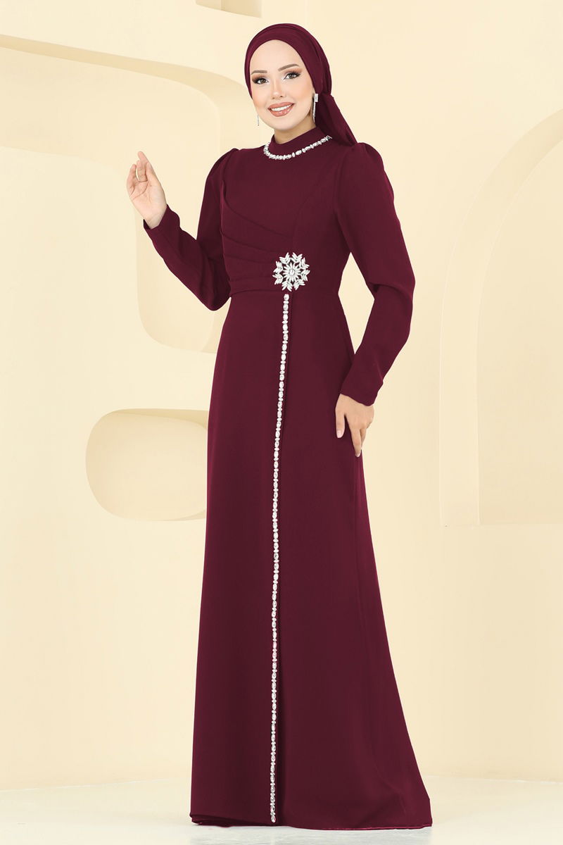 Evening Dress Burgundy Belted Modest Wear 8116ABK1075