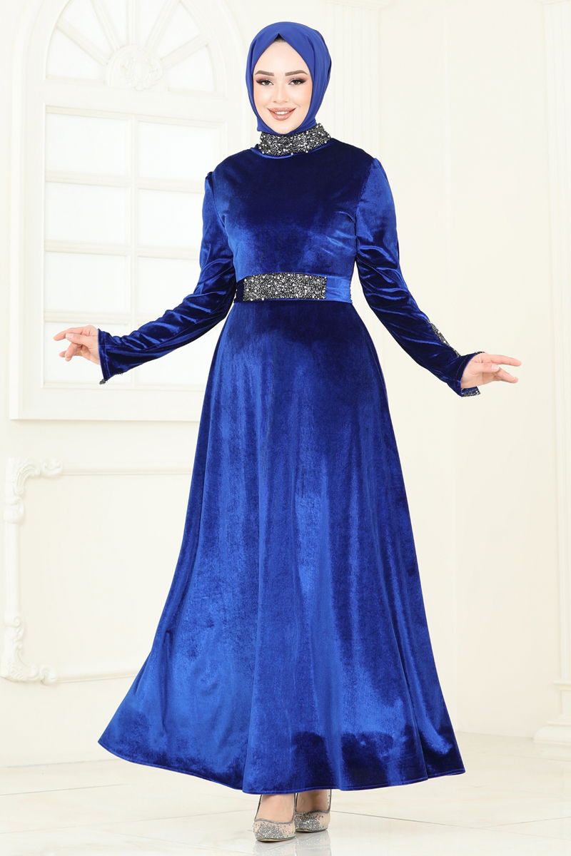 Abaya Pleated Detail Modest Dress - Blue