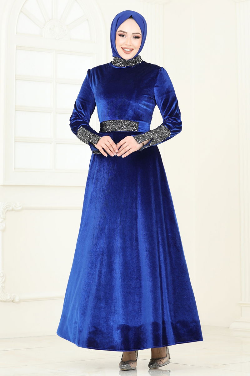 Abaya Pleated Detail Modest Dress - Blue