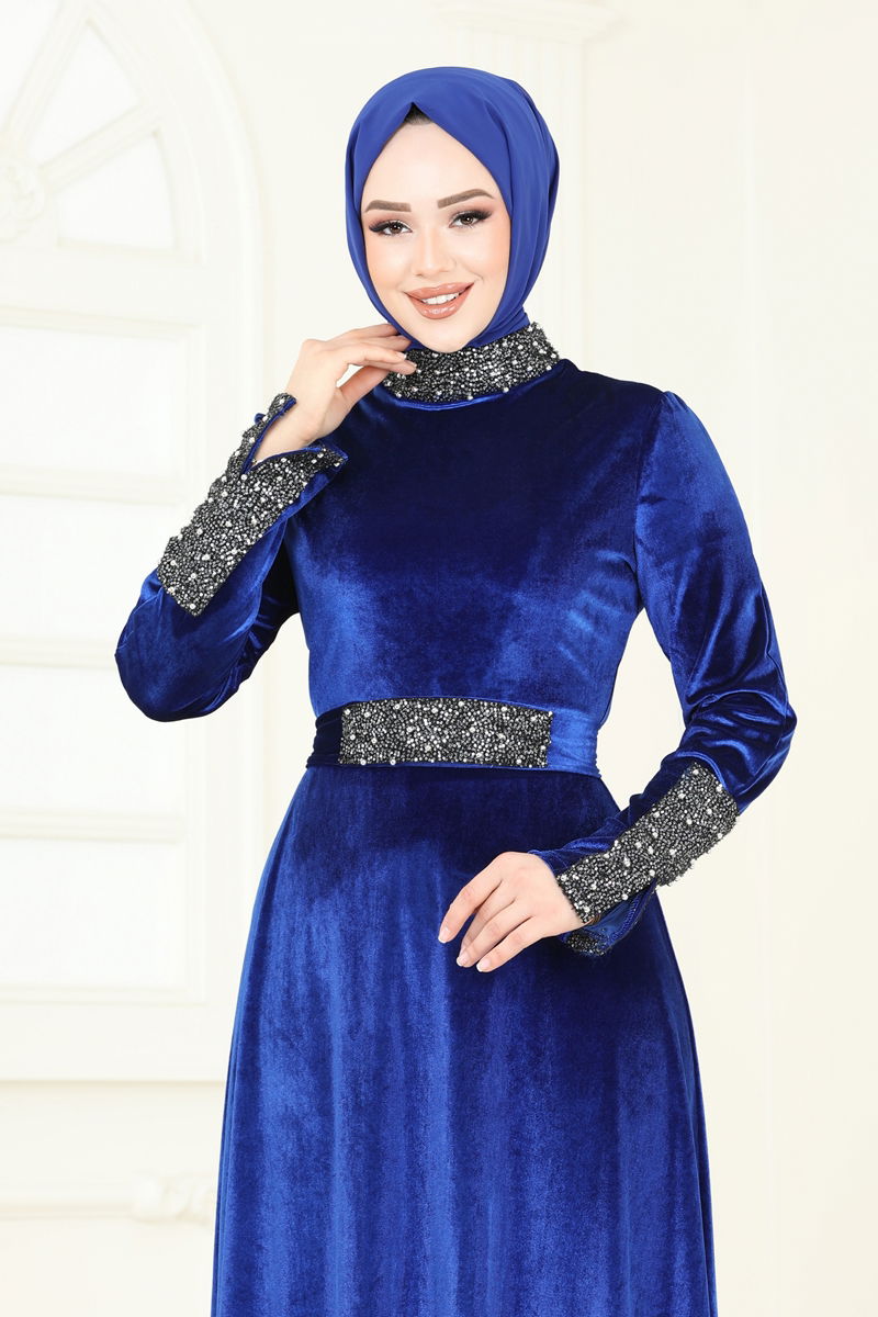 Abaya Pleated Detail Modest Dress - Blue