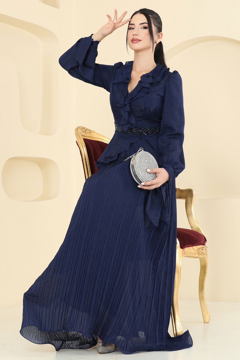 Abaya Set Navy Blue Ruffled Janjan Modest Two-Piece