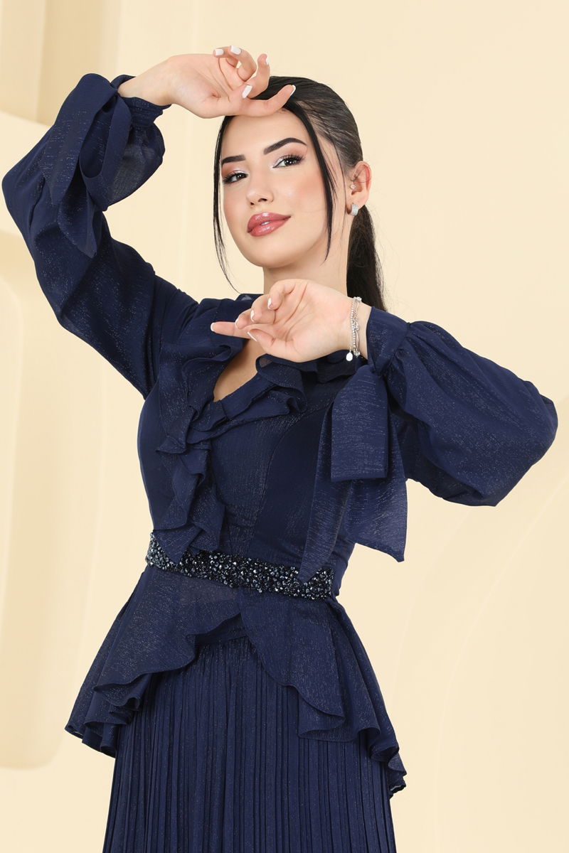 Abaya Set Navy Blue Ruffled Janjan Modest Two-Piece