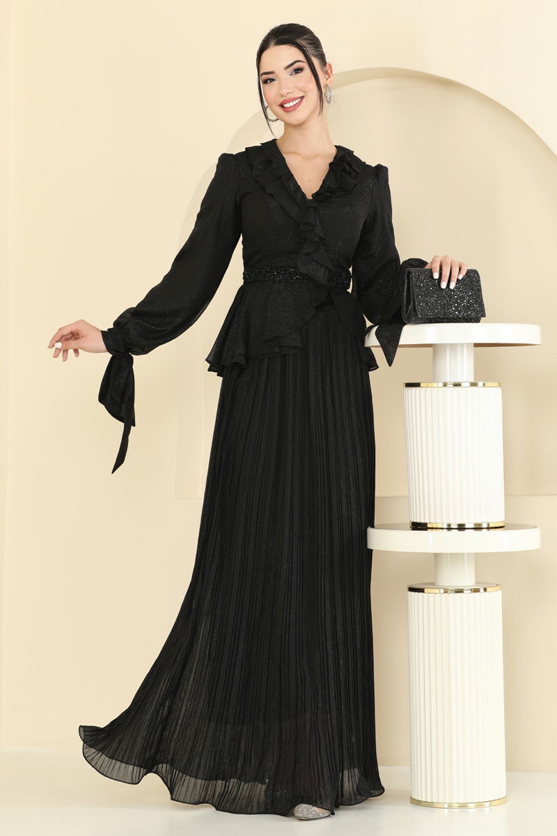 Black Two-Piece Festive Jilbab Set with Ruffle Detail