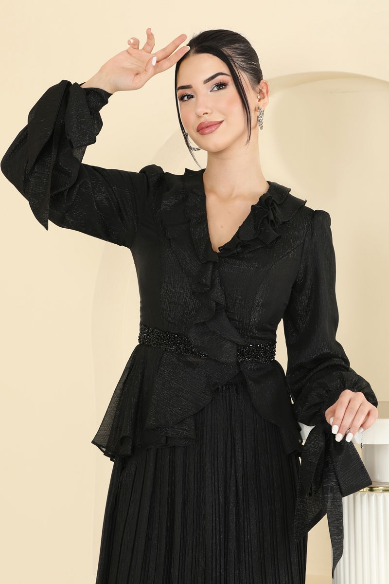 Black Two-Piece Festive Jilbab Set with Ruffle Detail