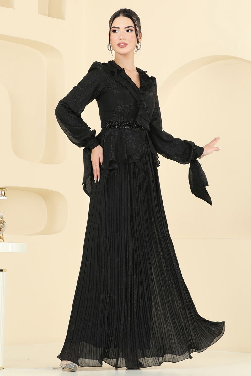 Black Two-Piece Festive Jilbab Set with Ruffle Detail