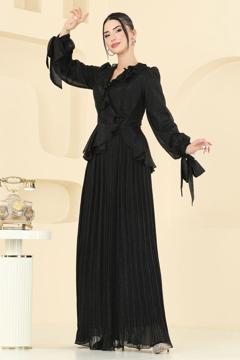 Black Two-Piece Festive Jilbab Set with Ruffle Detail