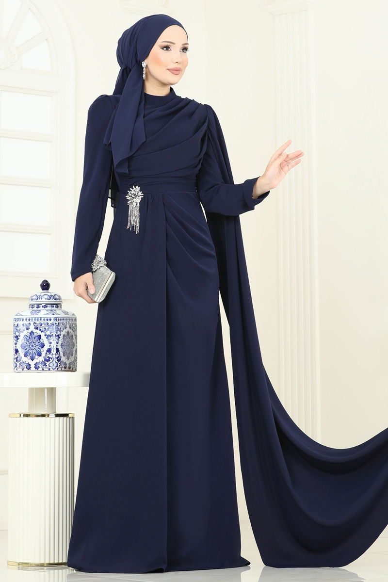 Abaya Draped Beaded Navy Modest Evening Gown