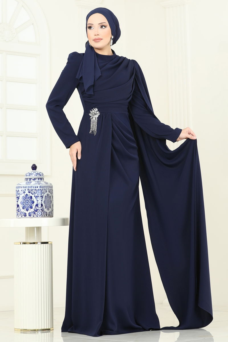 Abaya Draped Beaded Navy Modest Evening Gown