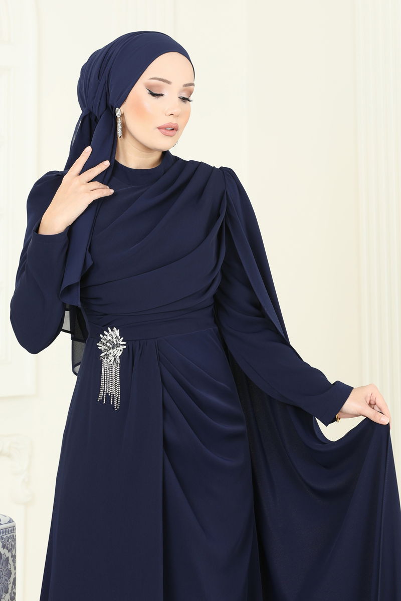 Abaya Draped Beaded Navy Modest Evening Gown